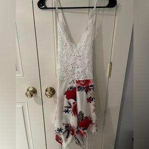 White Lace Flowers Backless Romper XL
